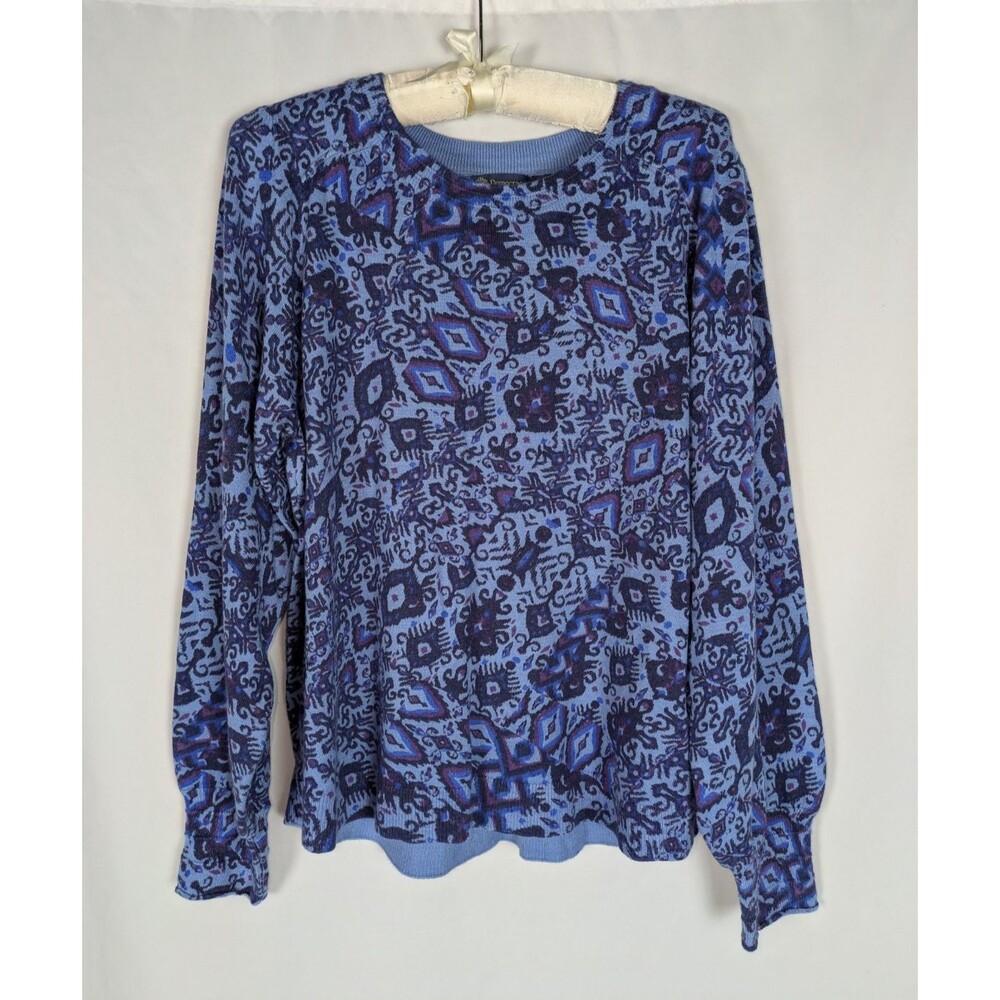 Democracy Blue Abstract Ikat Medallion Thin Knit Pullover Sweater Petite Large
